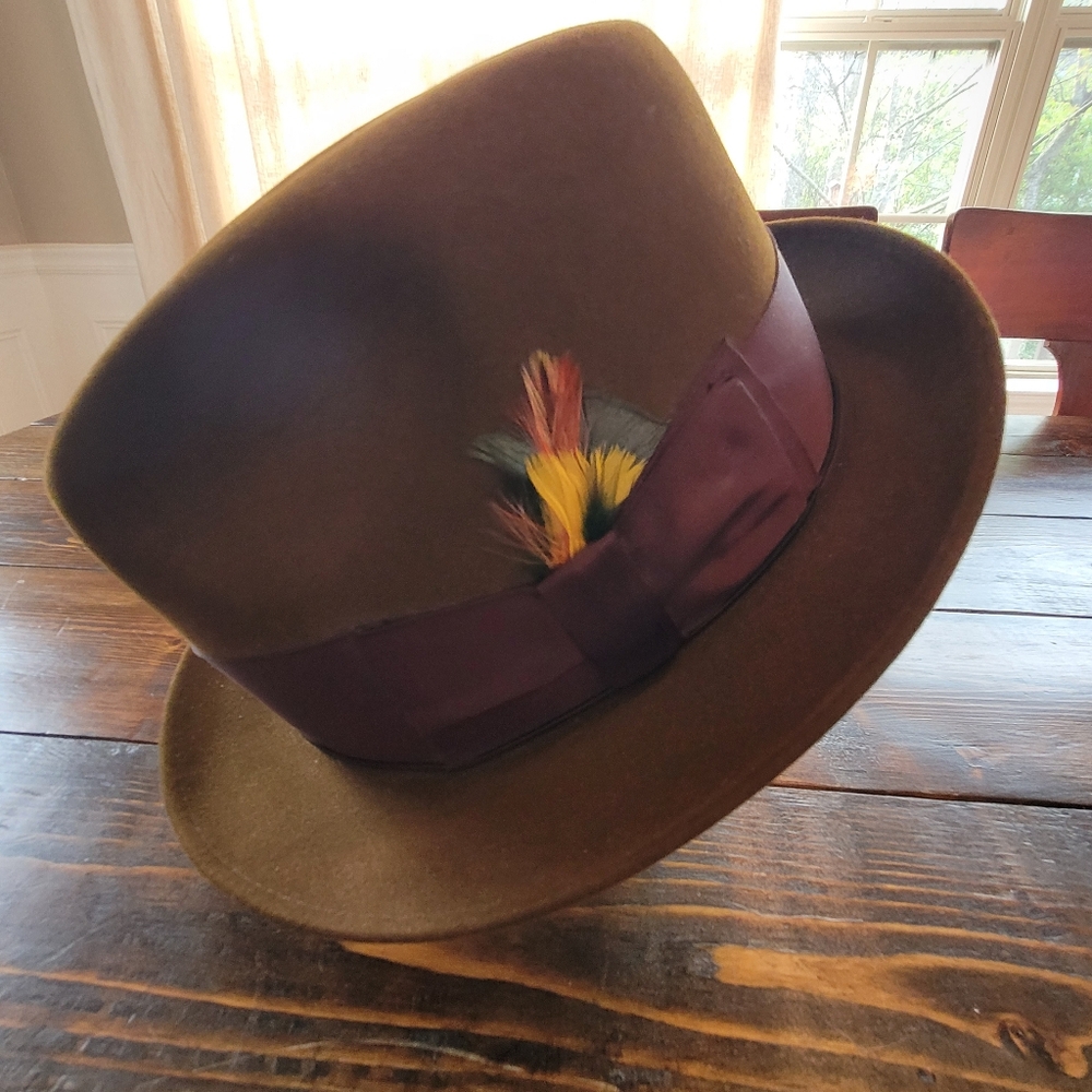 Vintage Brown Pure Beaver Fur Fedora with Feather Accent